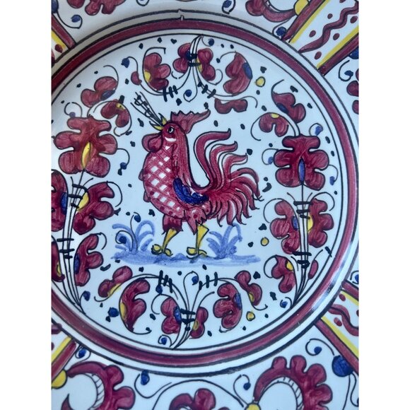 Deruta Hand-Painted Ceramic Orvieto Singing Rooster Plate Italy 10" D Red White - Picture 4 of 7